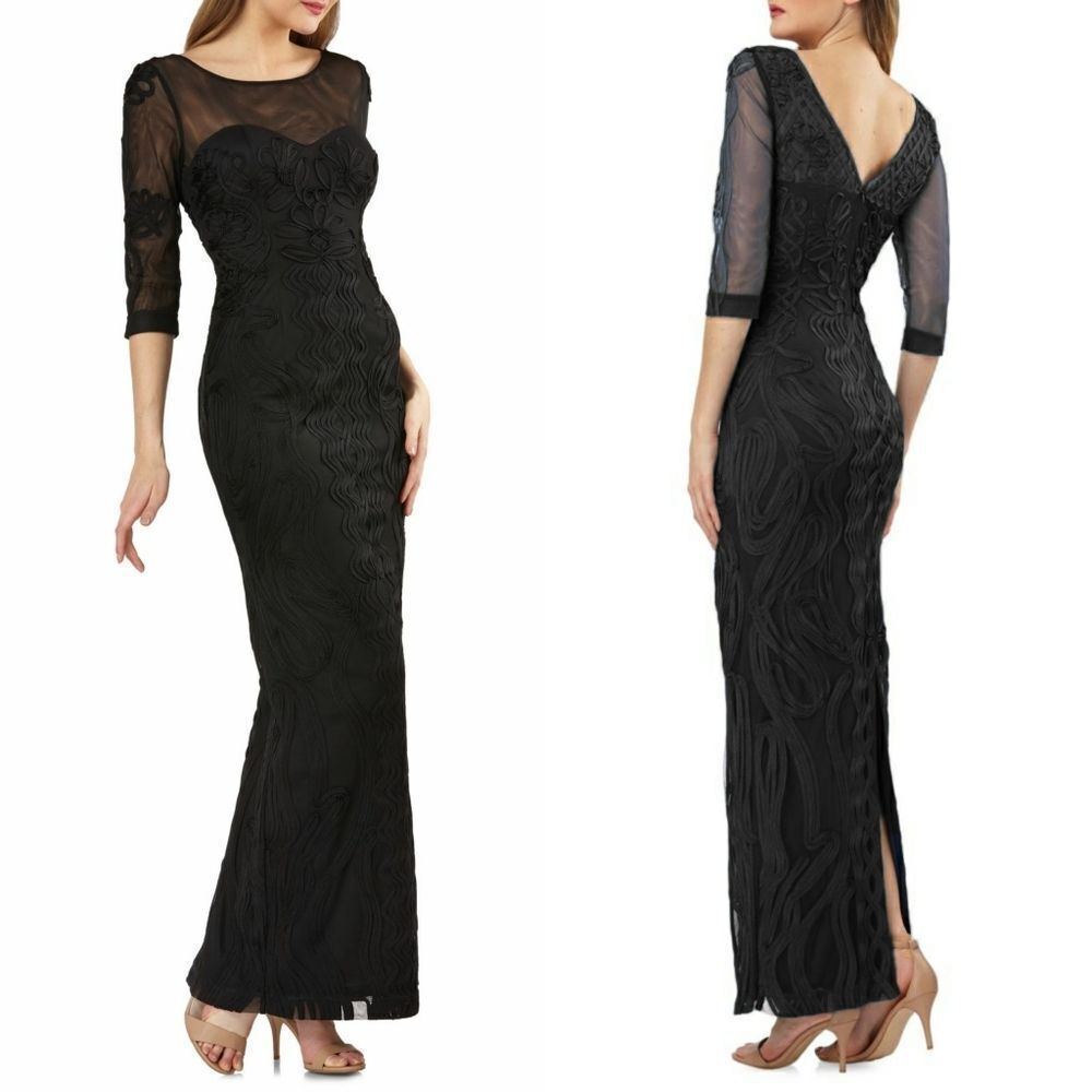 New! JS COLLECTIONS Women's Soutache Embroidered Black Dress Gown 3/4 Sleeve